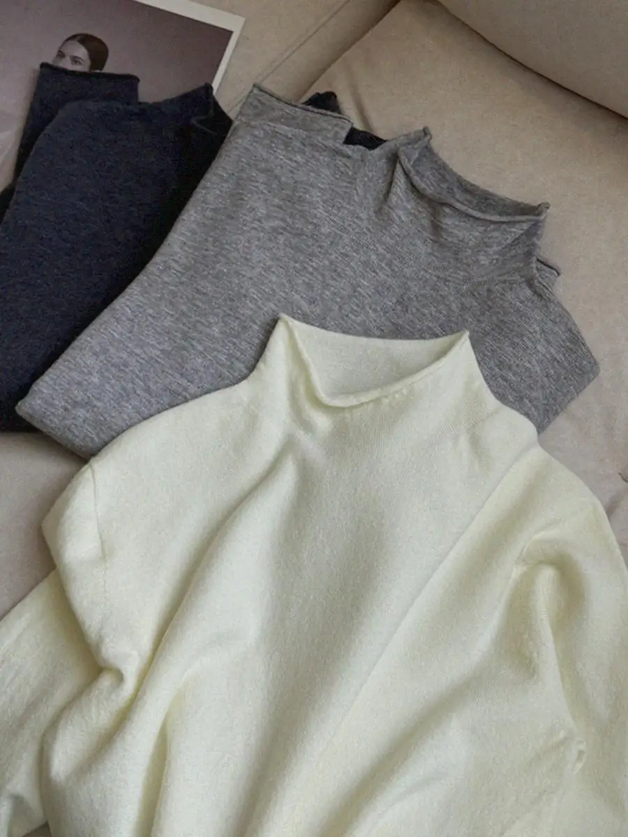 

Soft Cozy f High Ne Cuffed Base irt Pure Color Sl Inner Wear Spring Faion Women's Knitwear Long Sve Base Tee