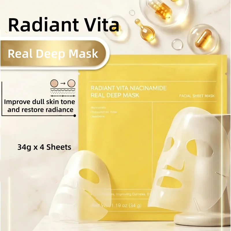 Mascarilla Facial Coreana Radiant Vita con Niacinamida, Elasticidad, Hidratación, 4 Piezas, Mejora el Tono de Piel Opaca, Reafirmante y Luminosa
