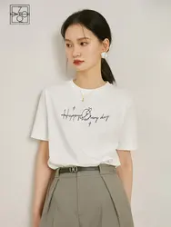 ZIQIAO 100% Cotton White Cotton Round Neck Short Sleeve Letter T-Shirt Women 2023 Spring Dress New Simple Tops For Women