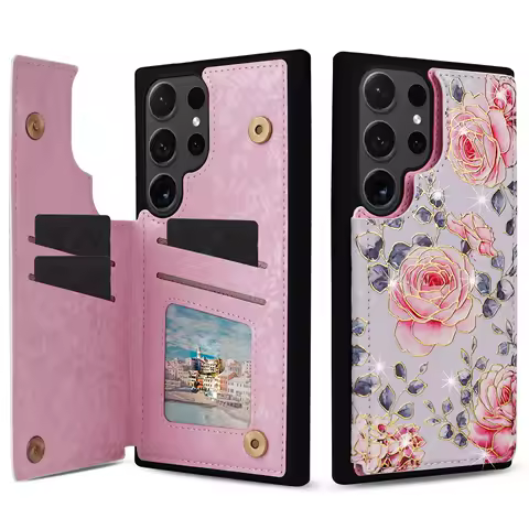 Double Buckle Cards Solt Wallet Leather Case For Samsung Galaxy S24 Ultra S23 Plus S23FE S22 S21 Flower Rfid Bag Stand Cover
