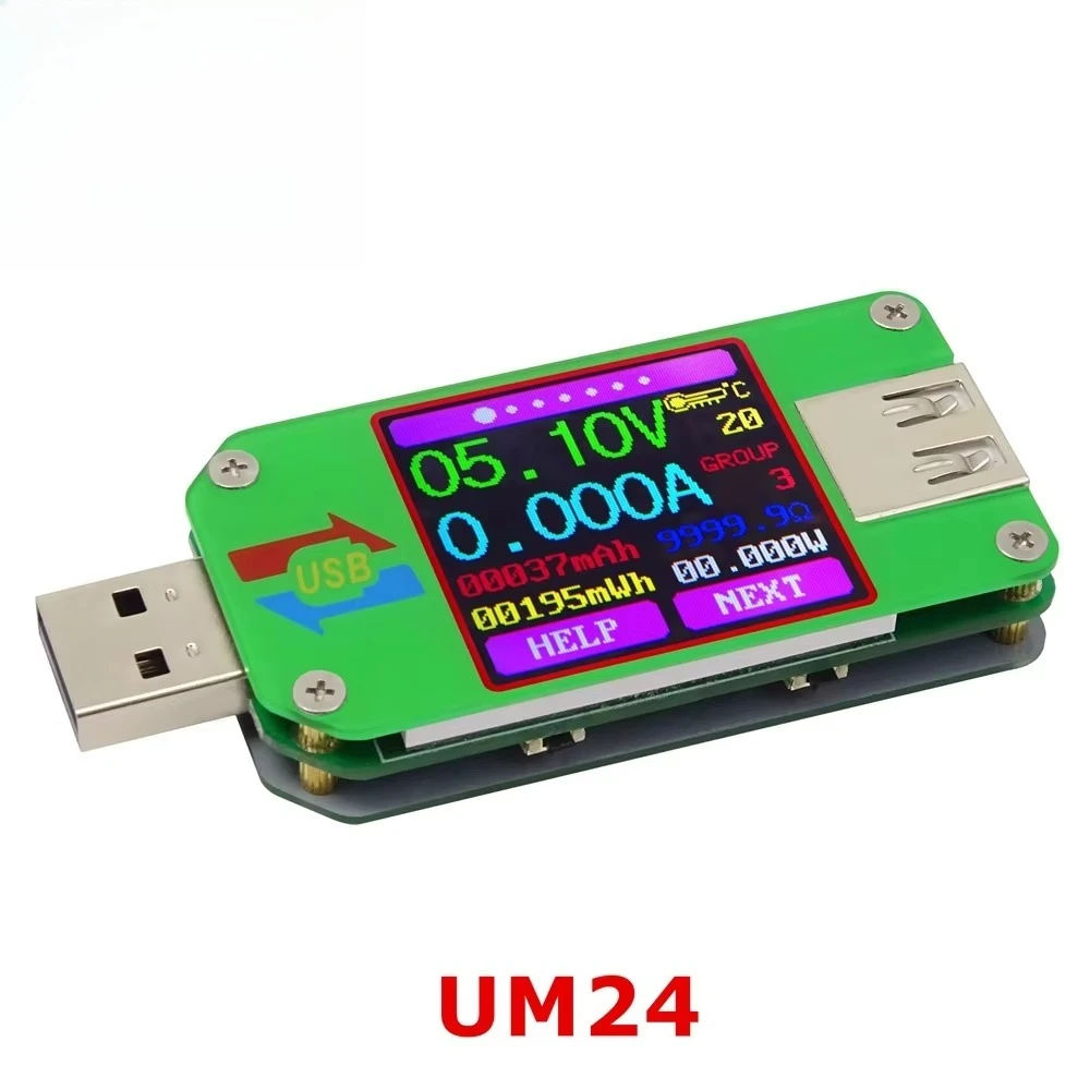 UM24 USB 2.0 لون LED عرض تيار مستمر الفولتميتر الرقمي مقياس التيار الكهربائي المتعدد كابل المقاومة الجهد الحالي USB تستر