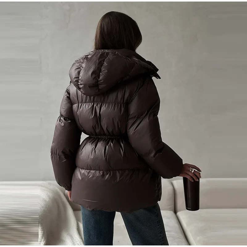 Hooded Women's Winter Jacket Zipper Drawstring Puffer Coat Shiny Thickened Bubble Coat Detachable Hood Mid Length Cotton Coat