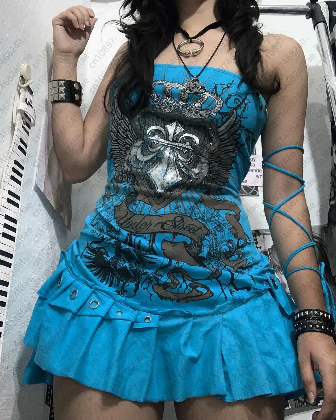 Aesthetic Y2k girl suspenders Top Y2k Clothes blue Gothic bow Slimming Bottom for Women dress Sexy Girls high street character