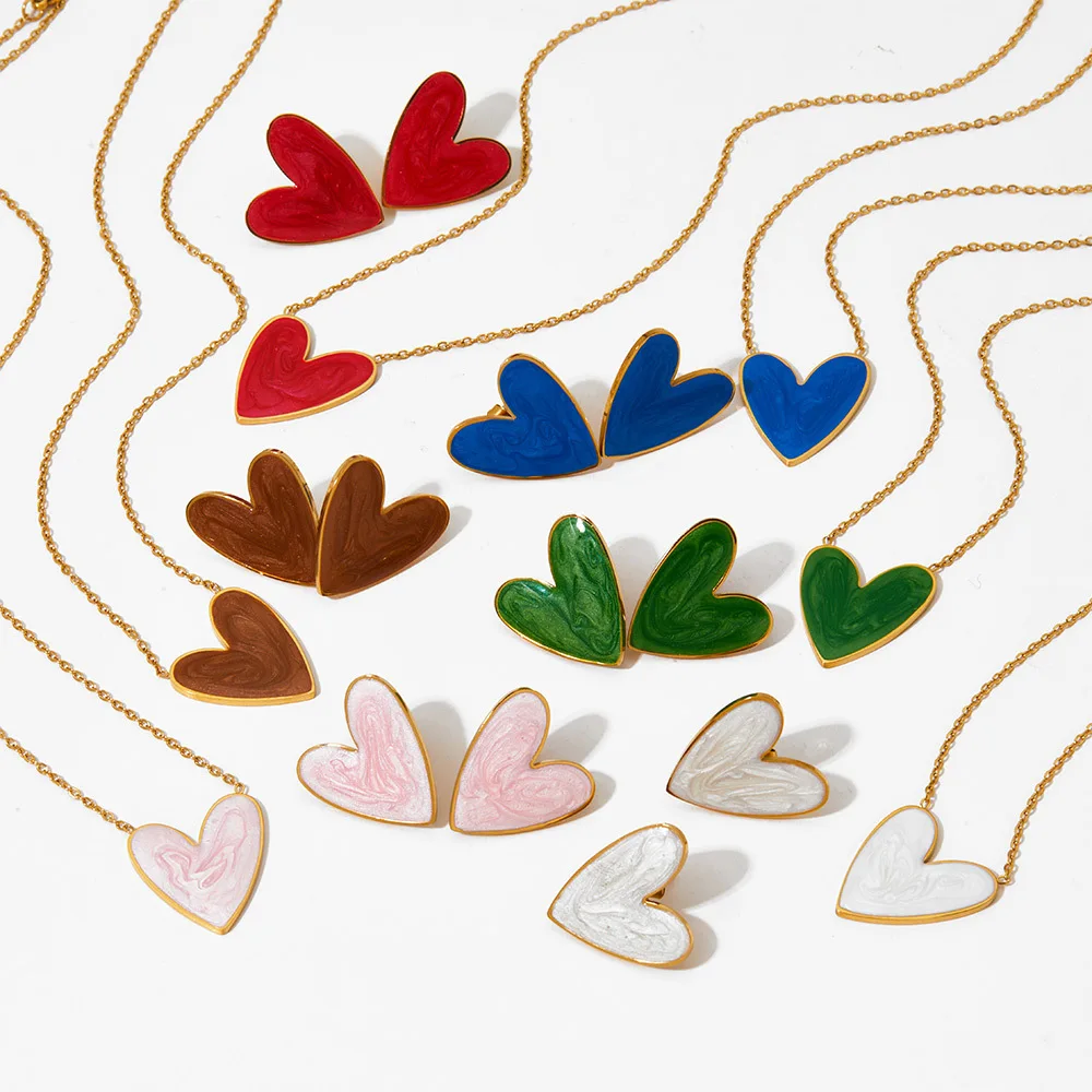 Ins 18K Gold PVD Plated Stainless Steel Colorful Enamel Heart Necklace Earring Set For Women Spring Summer Jewelry  Waterproof