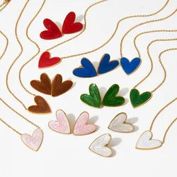 Ins 18K Gold PVD Plated Stainless Steel Colorful Enamel Heart Necklace Earring Set For Women Spring Summer Jewelry Waterproof