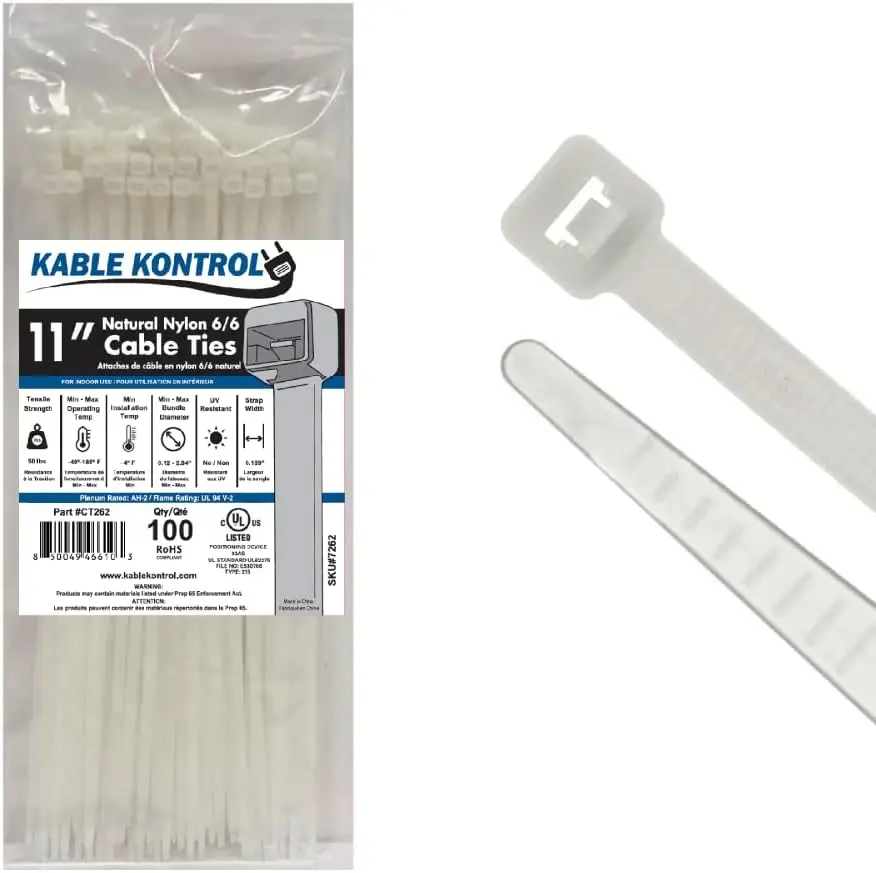 

Natural Nylon Cable Zip Ties 11 Inch 100 Pcs for Indoor or Outdoor Use, Self-locking Wire Ties with 50 Lbs Tensile Strength