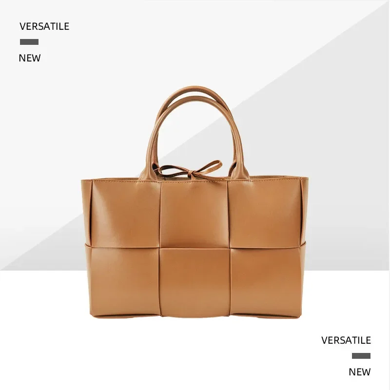 2024 Spring Summer New Large Capacity Woven Six Big Grids Handbag Crossbody Single Shoulder Tote Bag Genuine Leather Simple Bag