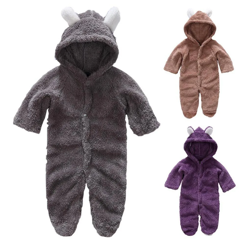 Baby Onesie Autumn and Winter Coral Fleece Hooded Long-sleeved Climbing Clothes for Children Cute Warm Romper