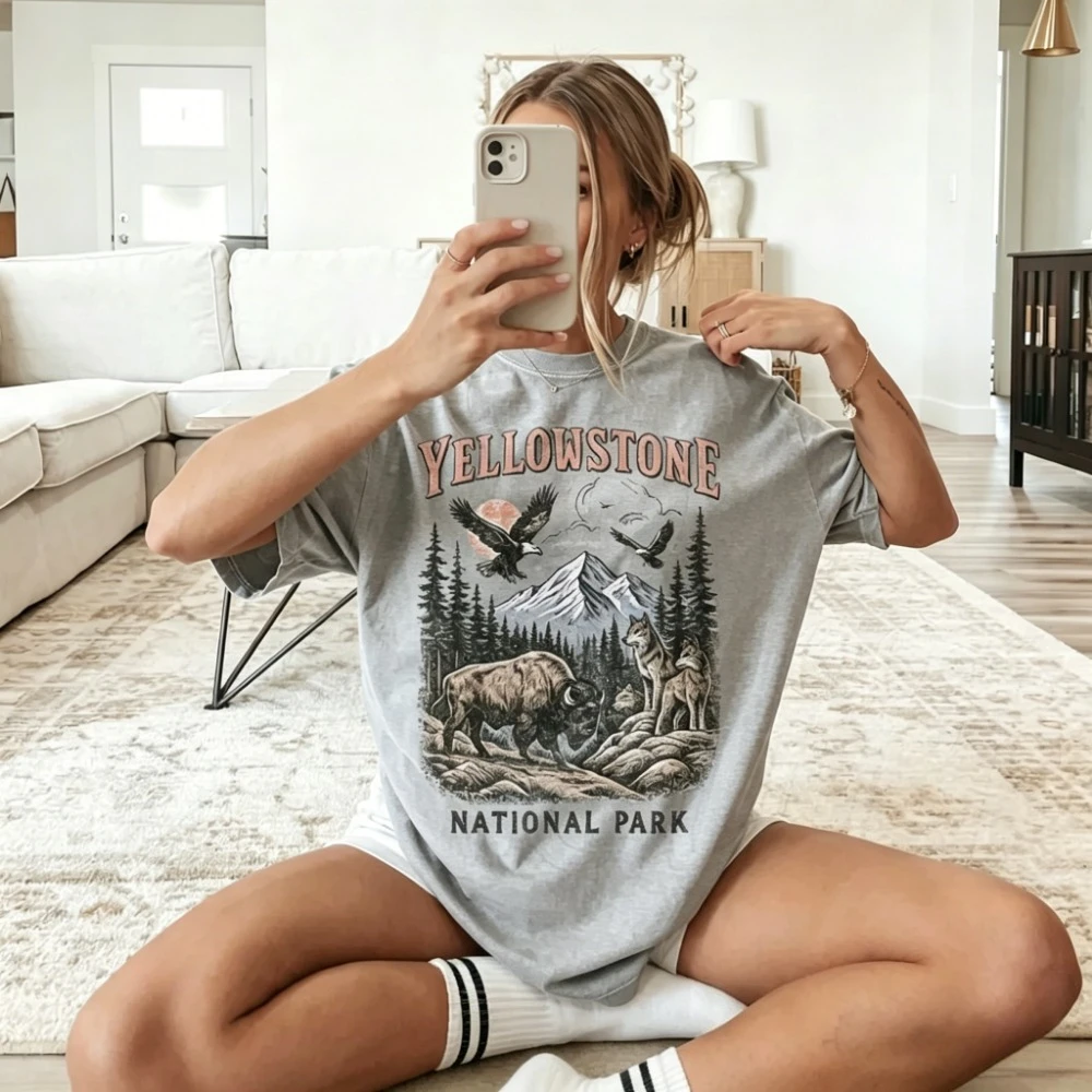 Yellowstone National Park Vintage 90s Stlye T-Shirt Wildlife Graphic Tee with Bison Wolves Eagles 90s Hiking Nature Shirt