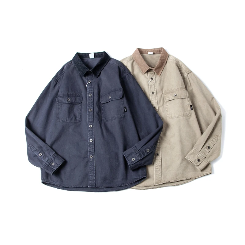 

Мужская рубашка в американском ретро-стиле с цветовыми блоками, из чистого хлопка, повседневная, с воротником, молодежная, весенняя, с длинным рукавом, на пуговицах