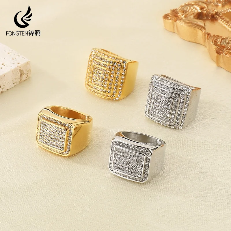 Fongten Stainless Steel Rings For Men Rhinestones Light Luxury Metal Geometric Aillons Halloween Gift Jewelry Accessories New