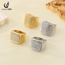 Fongten Stainless Steel Rings For Men Rhinestones Light Luxury Metal Geometric Aillons Halloween Gift Jewelry Accessories New