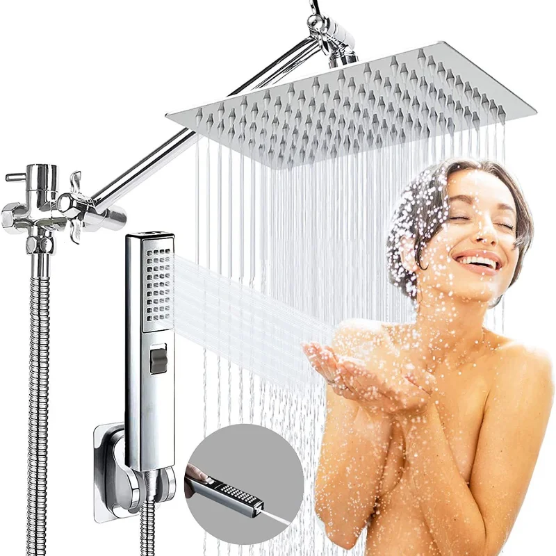 8/10 Inch High Pressure Rain Shower System Black Bathroom Shower Faucet Set Stainless Steel Top Spray Water Saving Shower Set