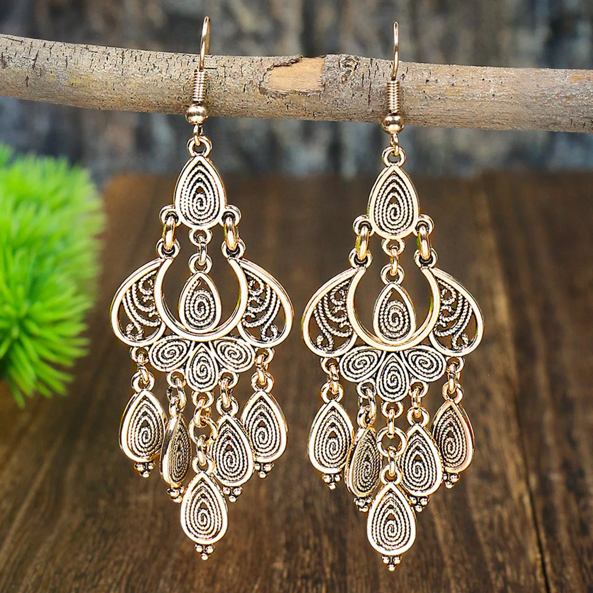 Vintage Ethnic Silver Color Round Water Drop Tassel Earrings for Women Boho Long Hollow Carved Dangle Earring Jewelry Brincos