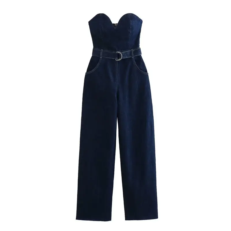 

Faionable Slim Fit Denim Jumpsuit Trendy Brtte Sle Cotton Workwear mid Waist Long Pants with kets Regular Thin