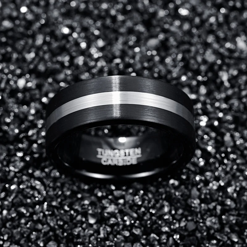 NUNCAD 8mm Width Tungsten Carbide Ring Black + Silver color Surface Brushed Men\'s Tungsten Steel Ring