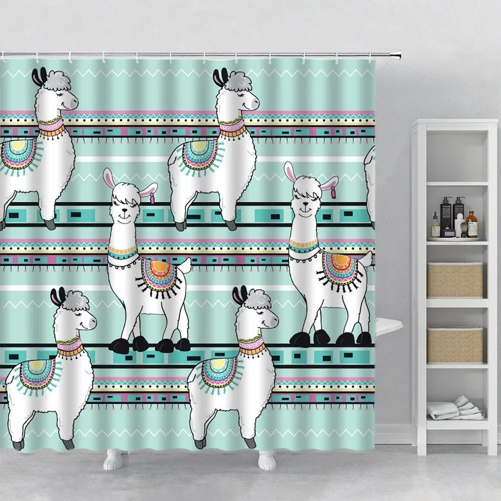 

Cute Cartoon Alpaca Shower Curtain Bohemian Ethnic Style Child Bathroom Decoration Bath Curtains Children Christmas Gift Decor