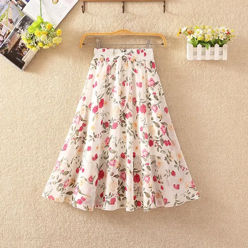 

Women's Floral Skirt High Waist Long 2025 Printed Chiffon Skirt Summer Woman Skirts Mujer Faldas Saias Mulher