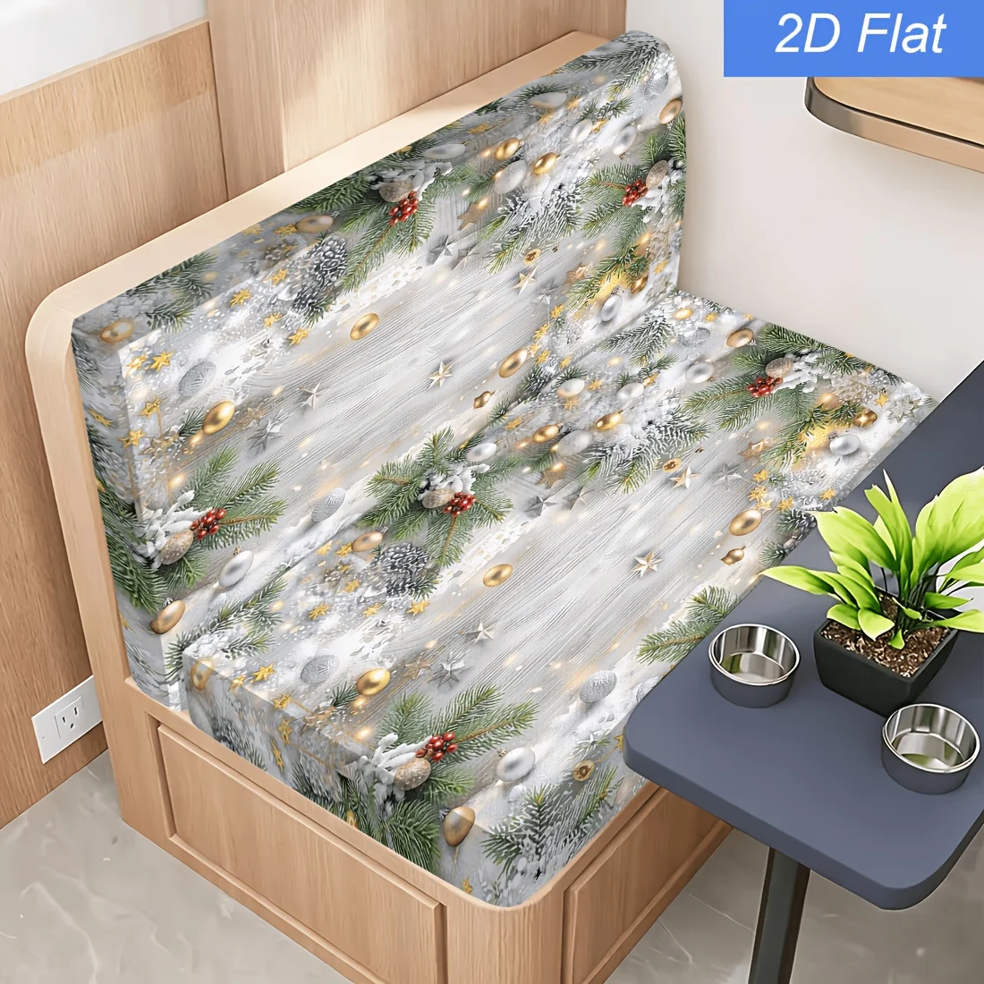 2pcs Christmas white wood grain snow fir branch gold and silver ball pattern elastic caravan sofa cover