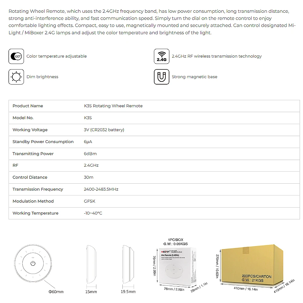 MiBoxer K3S 2.4G Rotating Wheel Remote Color Temperature Panel Remote Control Adjustable Dimmer Wireless for Lamps/Controllers