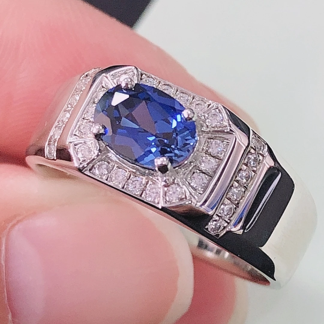 AU585 Male Ring 14K Fine Jewelry 1Ct Oval Cut Sapphire Blue Diamond Ring Solid 14K 585 White Gold Ring Ceremony Gift 204