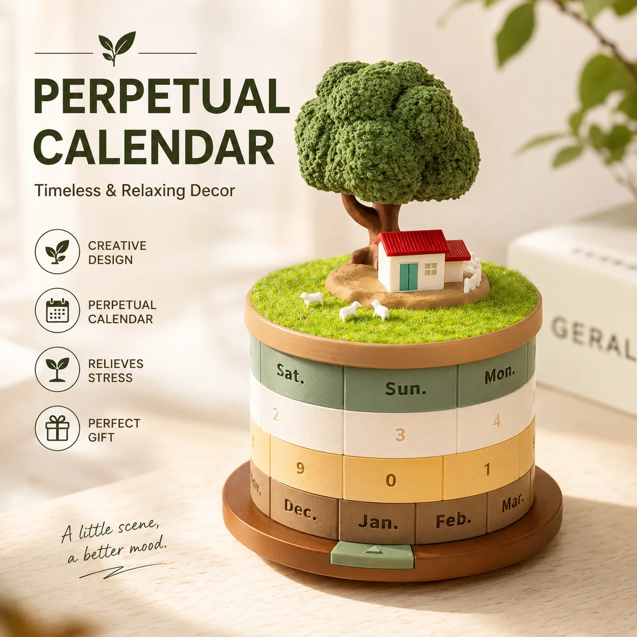 

Creative Perpetual Calendar Decor, Mini Landscape Stress Relief Ornament with Storage for Desk & Gift