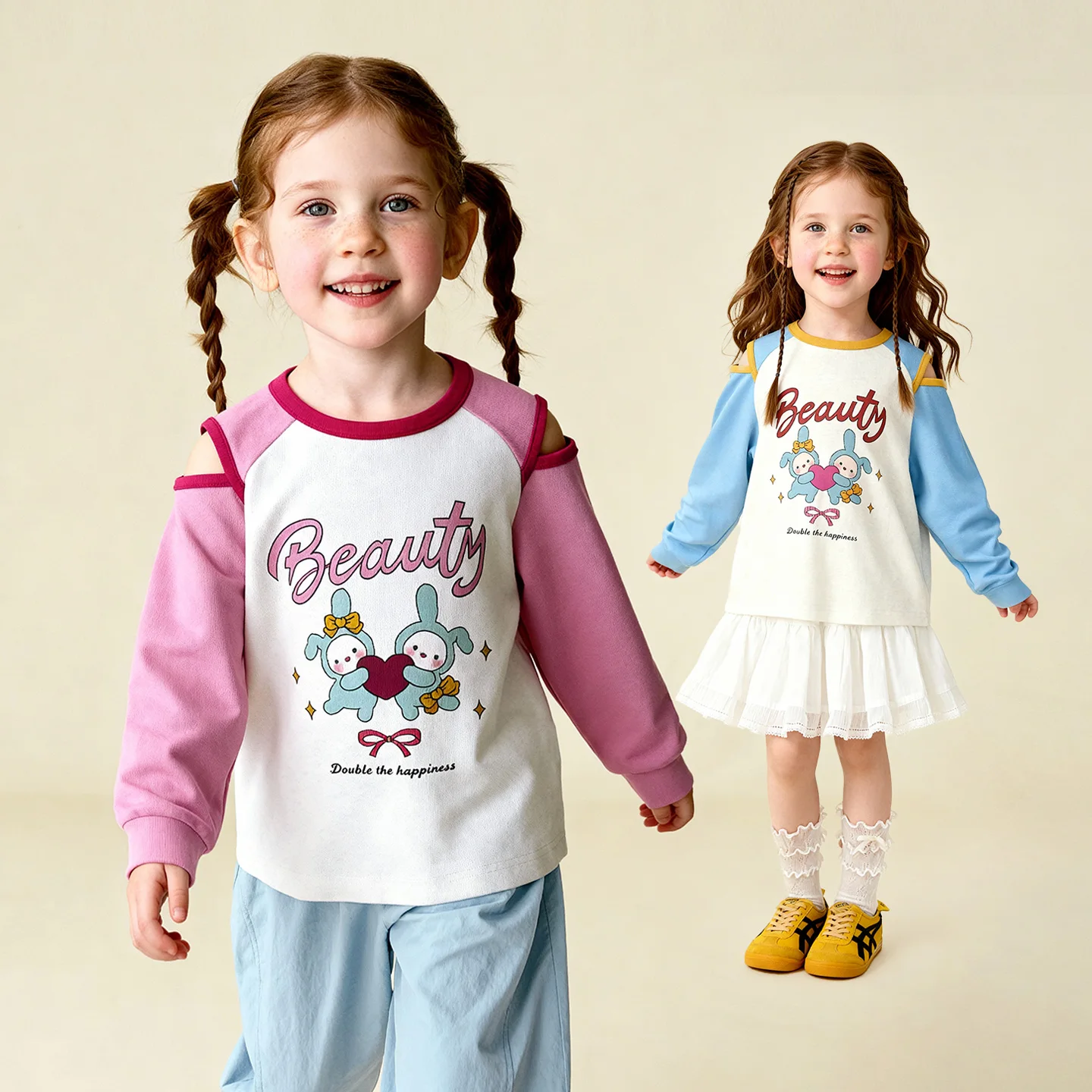 Amila Spring Girls' Hoodie With Raglan Sleeves And Off Shoulder Lettering Cartoon Print Fashion Trend Children's Clothing Top