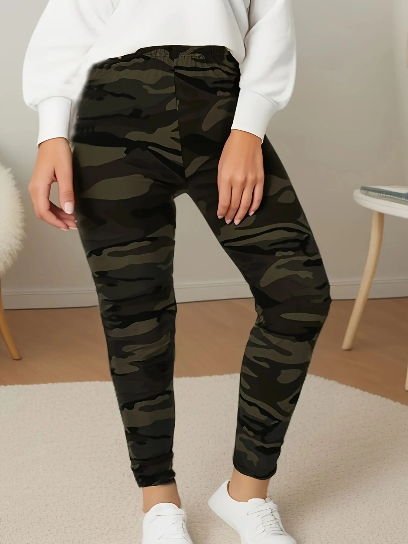 CUHAKCI Women\'s Plus Size Super Elastic Leggings Military Green Camouflage Soft Sports Outerwear Tight Cropped Pants