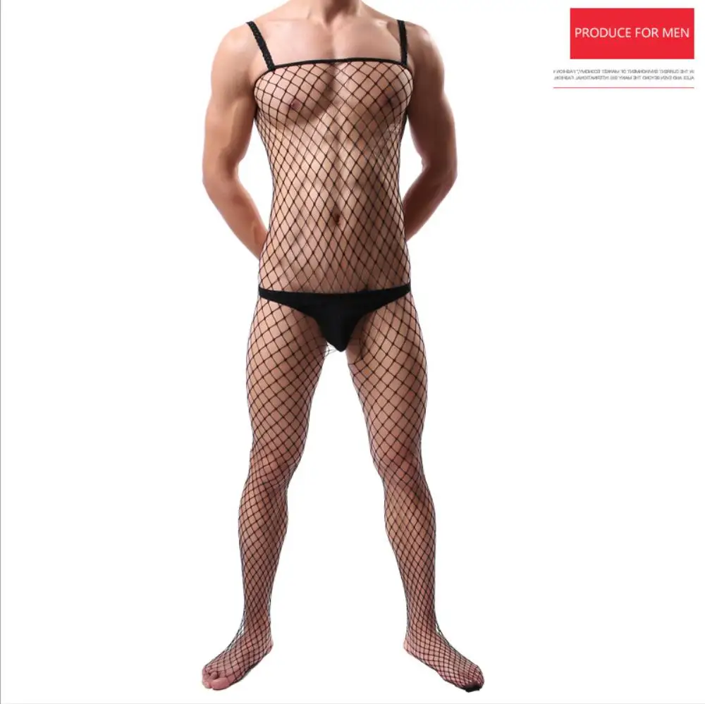 Men sexy lingerie hot black mesh hollow one piece bodysuit open crotch bodystocking underwear intimate