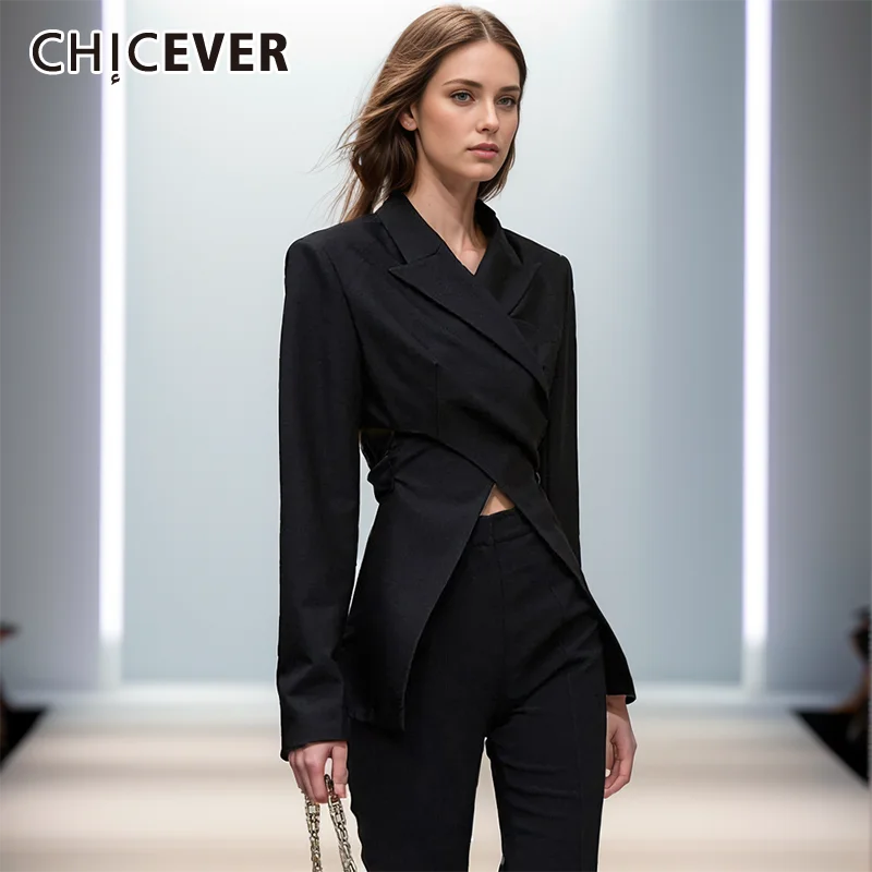 CHICEVER Sexy Backless Blazers For Women Notched Long Sleeve Patchwork Button Solid Slimming Irregular Minimalist Blazer Female