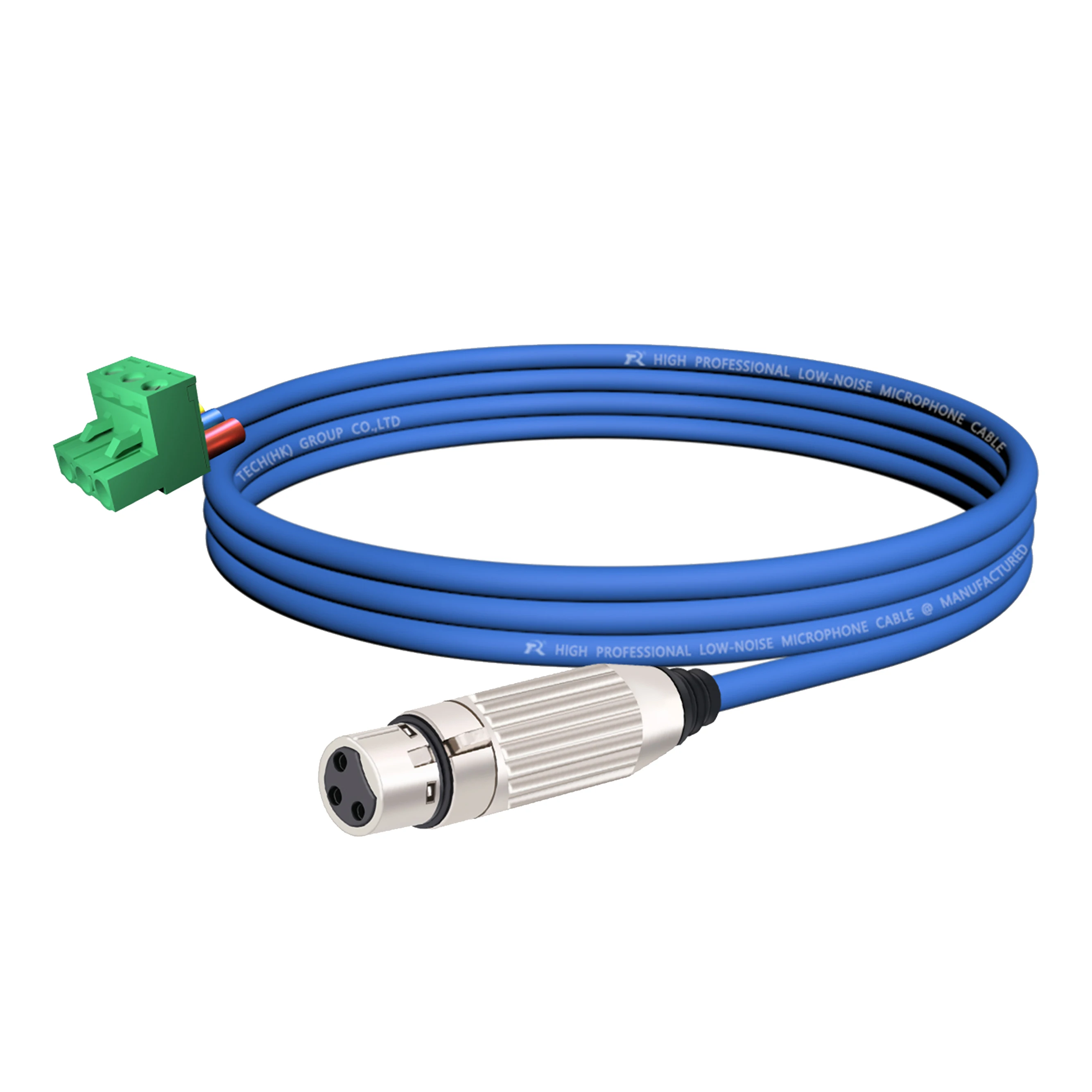 3-poliger Phoenix-Stecker, verbunden mit einem versilberten XLR 3-poligen Stecker, farbcodiertes Kabel, geeignet für professionelle Audiogeräte. – Detail 14