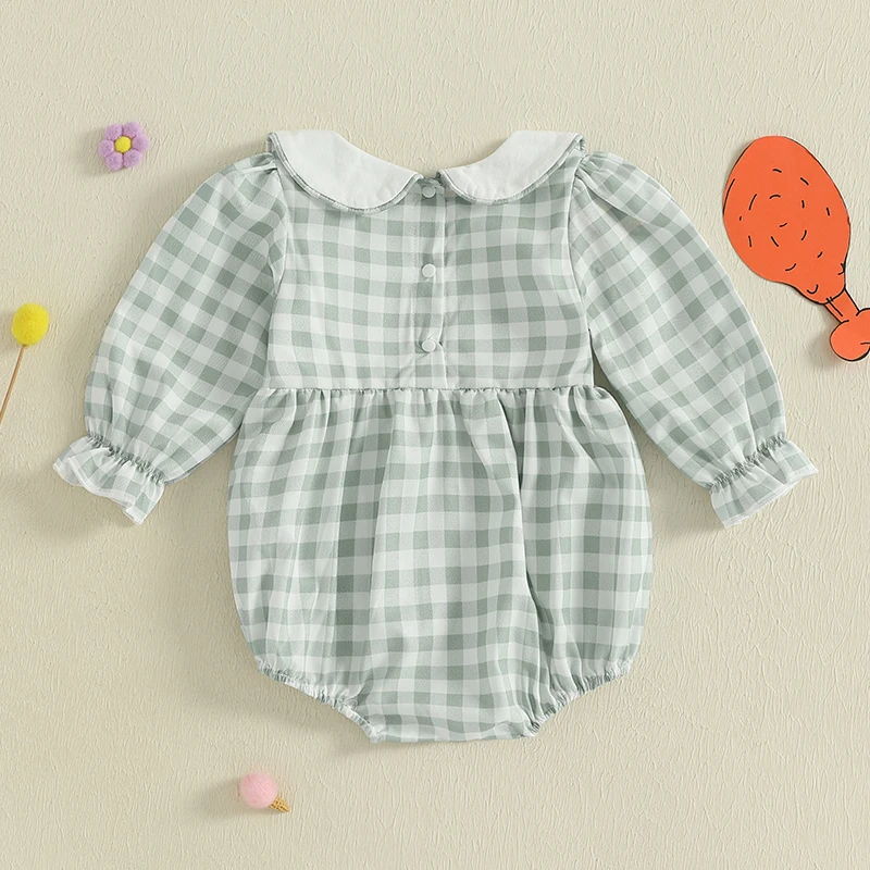 

Thanksgiving Turkey Embroidered Long Sleeve Romper with Doll Collar for Baby Girls - Adorable Smocked Bodysuit for Newborns