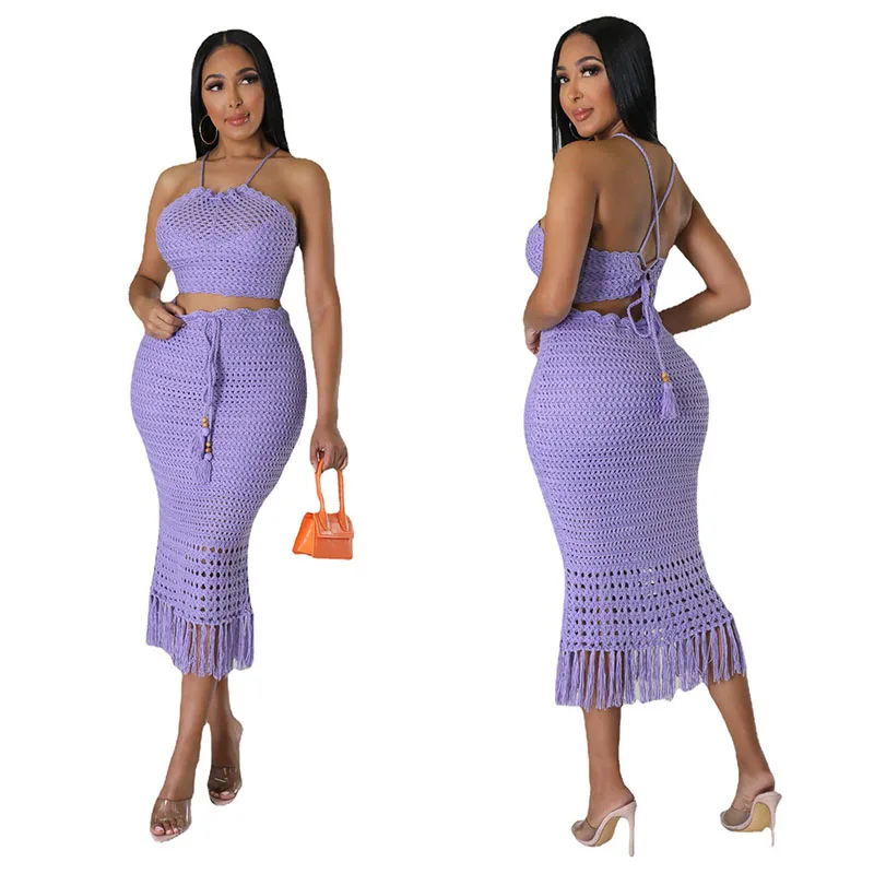 Streetwear Crochet 2 Piece Sets Women Outfit Summer Y2K Clothes Halter Crop Top Tassel Skirt Suit Dress Sets Women Two Piece Set