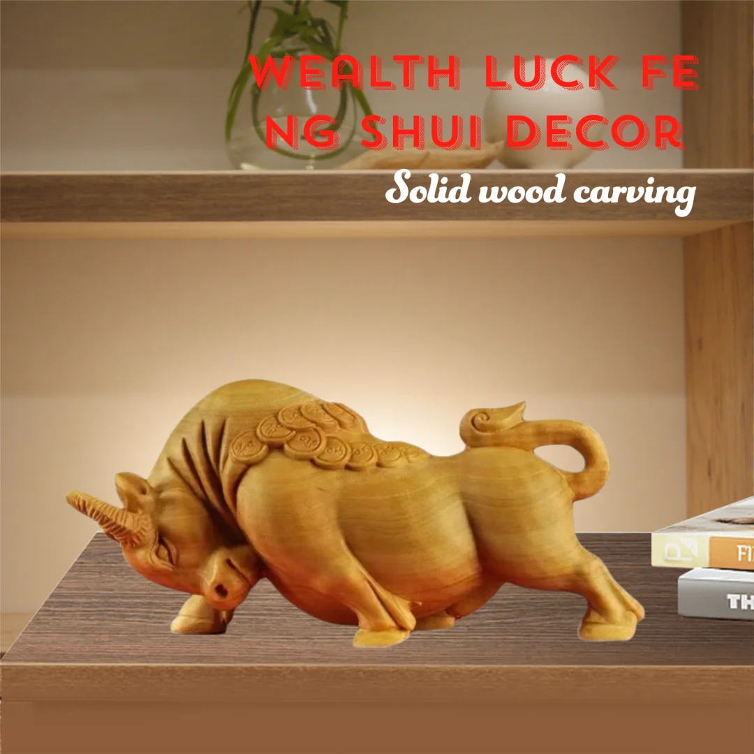 

Wood carving Wall Street Bulls Small statue Chinese Wealth-Bringing Animals， Solid wood Wealth Luck Feng Shui Decor Unique Gifts