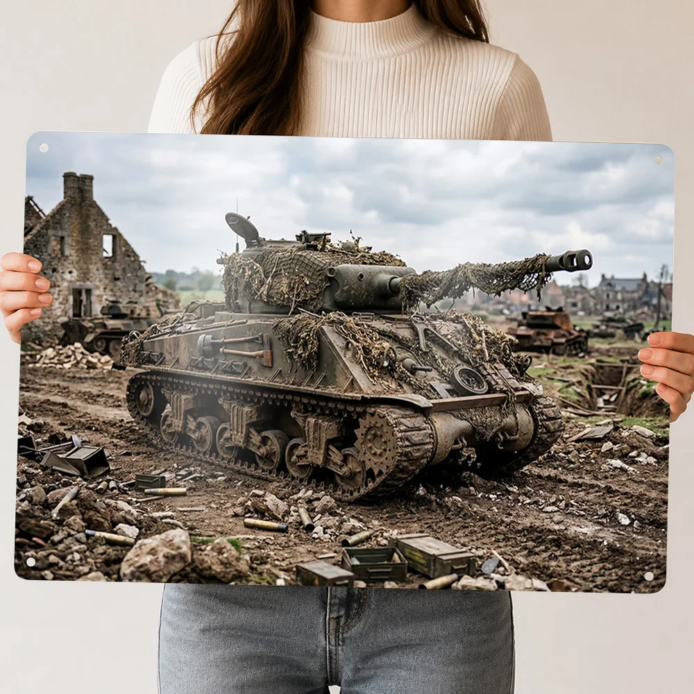 Muddy Sherman Tank in Ruined Village 3D Texture Printed Poster Custom Vintage Metal Tin Plate Sign for Wall Art Home Deco House