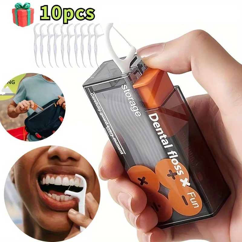 Portable Floss Dispenser Includes 10Pcs Floss Automatic Ejectable Floss Organiser Oral Care Press-on Disposable Flossing Sticks