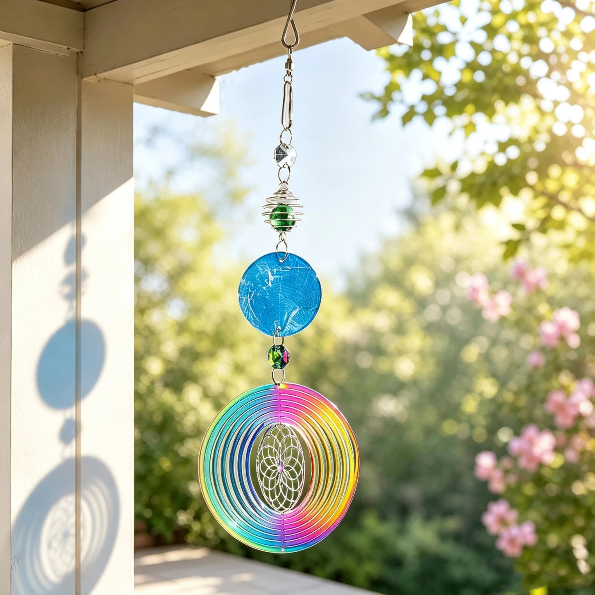 Boho Dyed Capiz Shell Hanging Rainbow Mandala Wind Spinner Crystal Suncatcher Whirligigs Spiral Bead Cage Pendant Window Decor