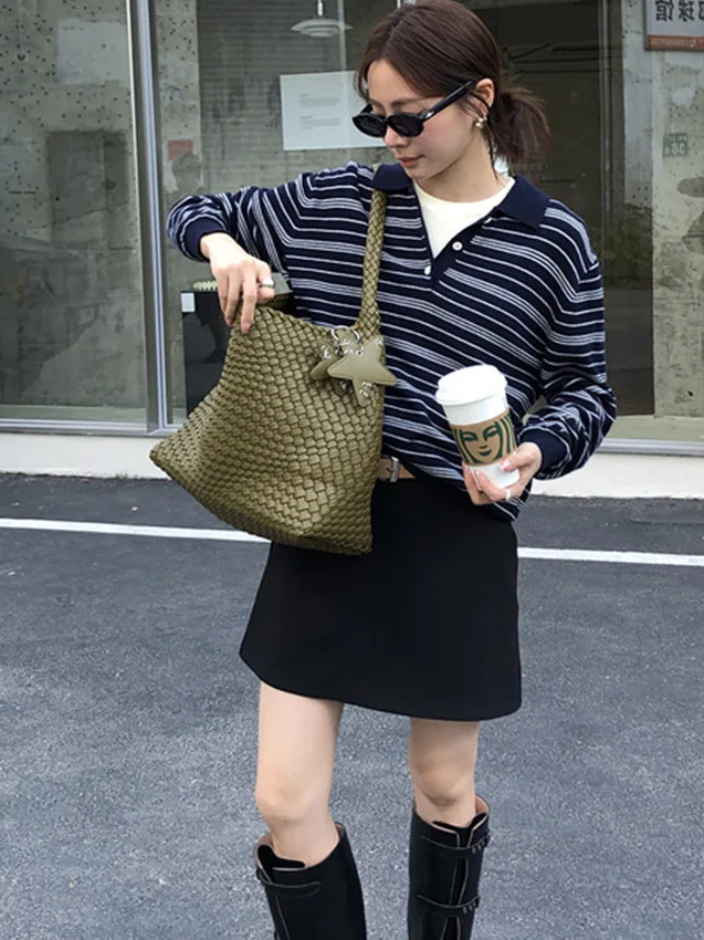 Retro Handwoven Large Capacity Women's Tote Bag Casual Single Shoulder Star Pattern Pure Color Versatile Lazy Style Bag