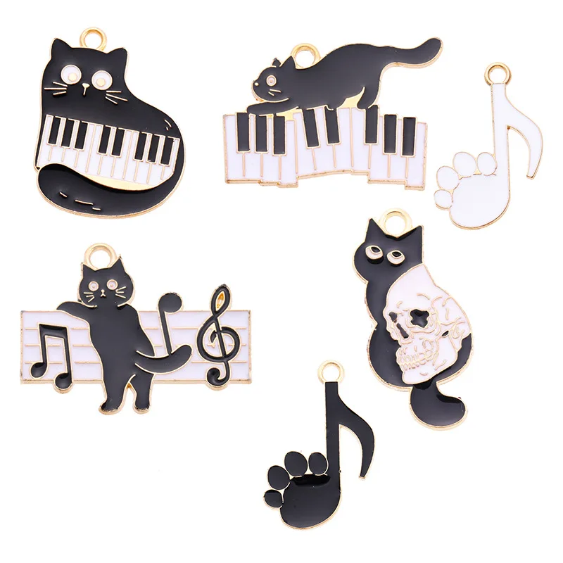 20 pcs/lot Fashion Enamel Black Cat Piano Pendant Accessories Charms for Women, Earrings/Necklace Handmade DIY Jewelry