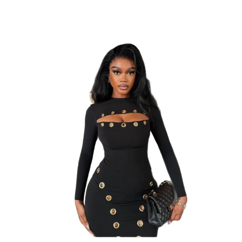 Robes 2026 pour femmes, Robe sexy style 'Hot Girl', Vêtements féminins, Coupe ajustée aux hanches, Couleur unie, Découpes métalliques