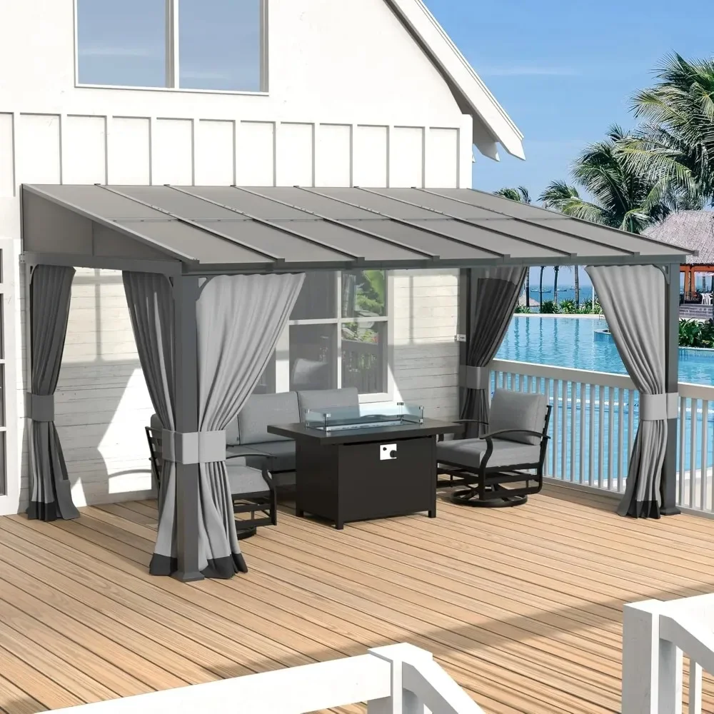 10’ x 14’ Gazebo, Hardtop Lean to Gazebo Canopy Awnings with Sloped Roof and Sturdy Steel Frame, Wall Mount Gazebo Pergola