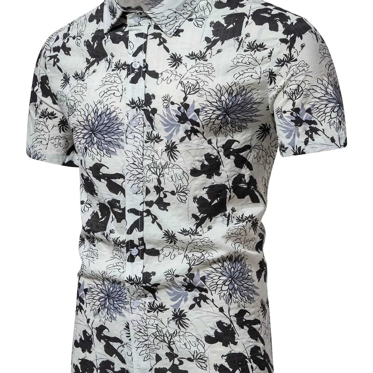 Camisa casual de manga curta slim fit masculina com flores, verão