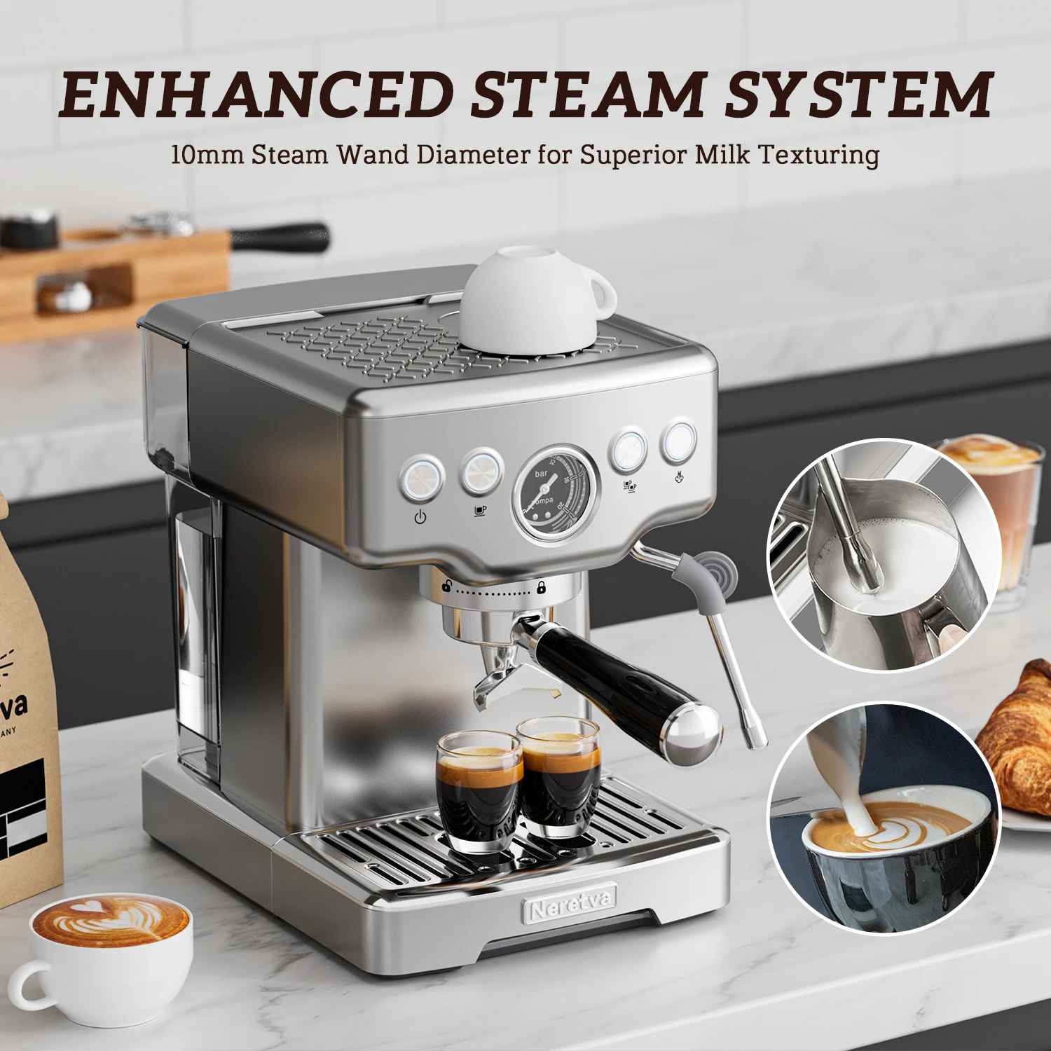 ماكينة اسبريسو Neretva 15 بار مع عصا بخار رغوة الحليب للكابتشينو واللاتيه والماكياتو، 1450 وات (220 فولت)