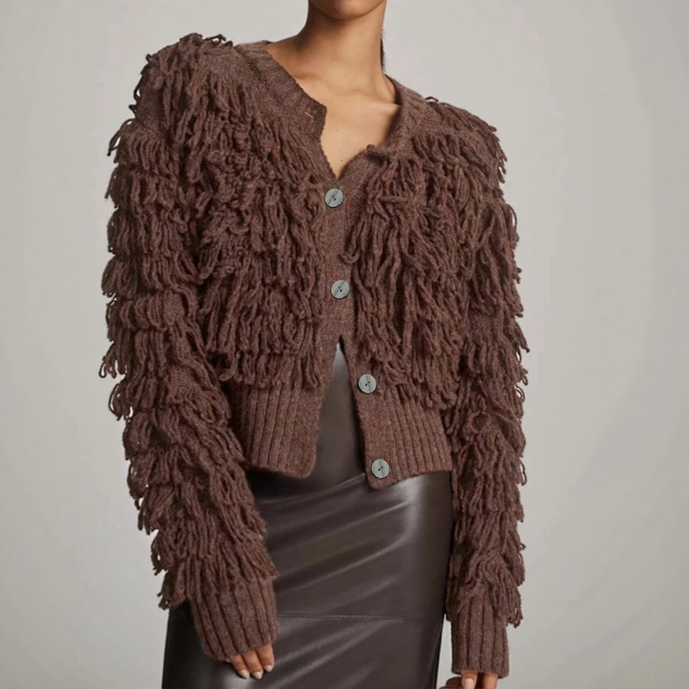 

Женская вязаная куртка с кольцом на пуговицах, свитер с кисточками на осень и зиму, модный повседневный стиль, прямой от производителя