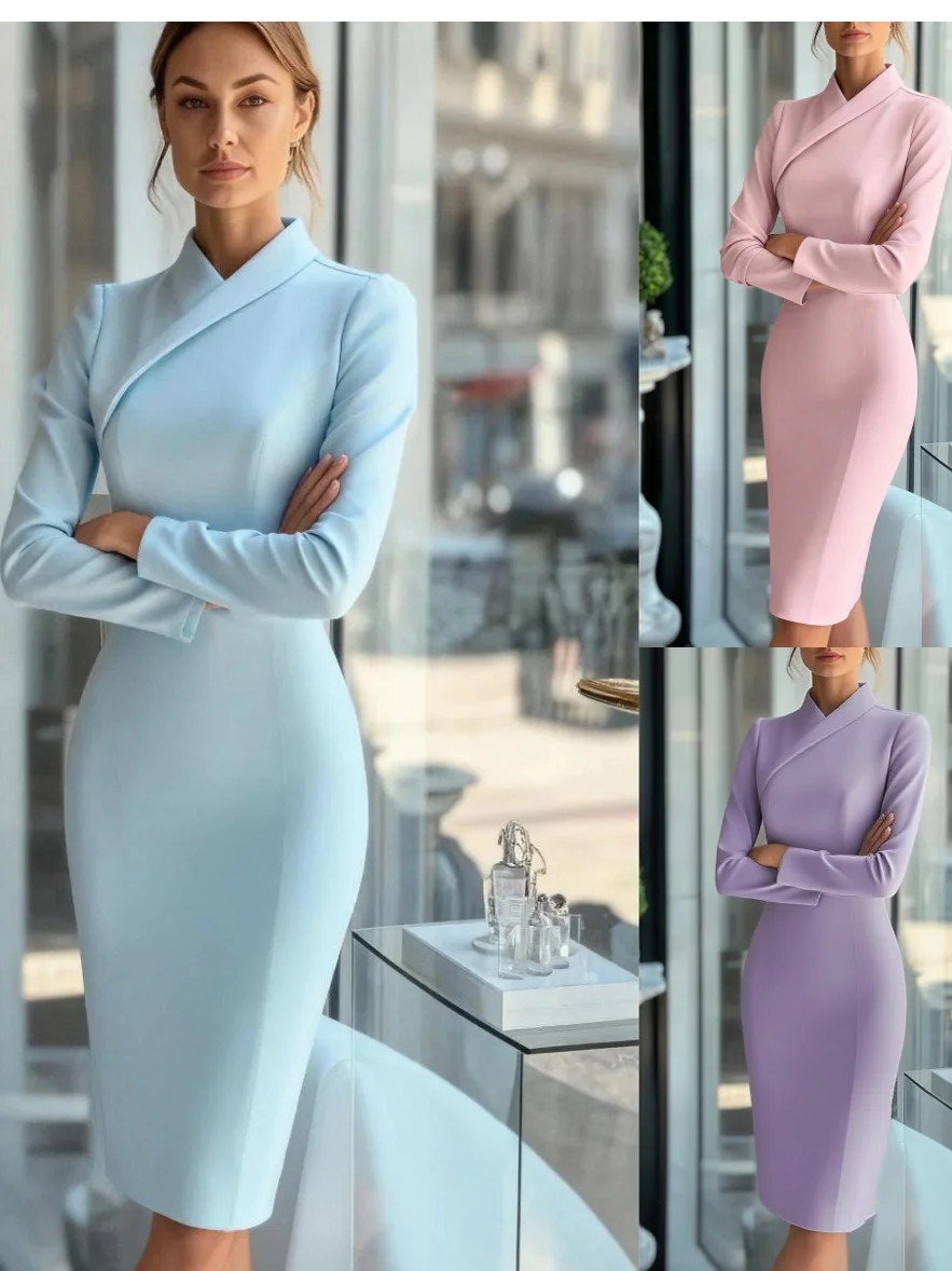 Pastellblauer Slim-Fit-Bleistiftrock mit hohem Kragen und hohem Kragen für Damen, Pendler, Faion, reine Farbe, Damenröcke, chinesisches Sle