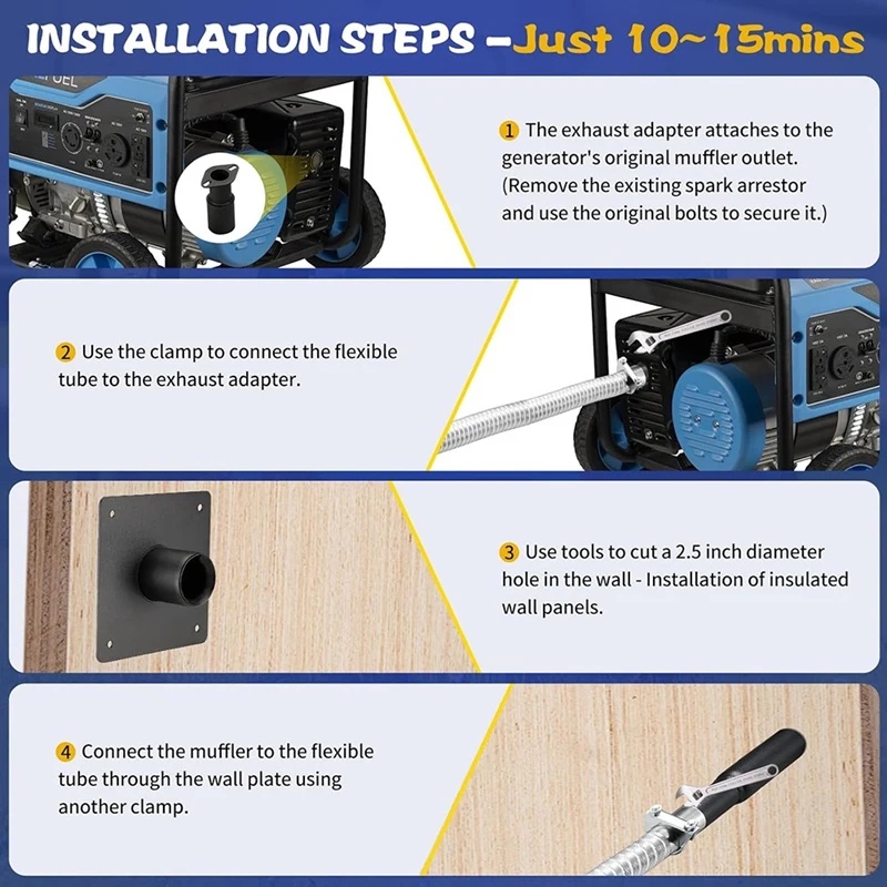 Generator Exhaust Extension Silencer Kit With Insulated Through-Wall Mounting Plate Vent Exhaust Reduce Noise By 52%