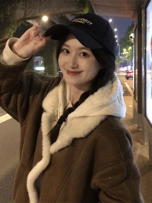 Lamb Fur Inteated Leather Coat Women's ort Thiened Autumn Winter Warm Casual Loose Fit Cotton Jaet with Collar