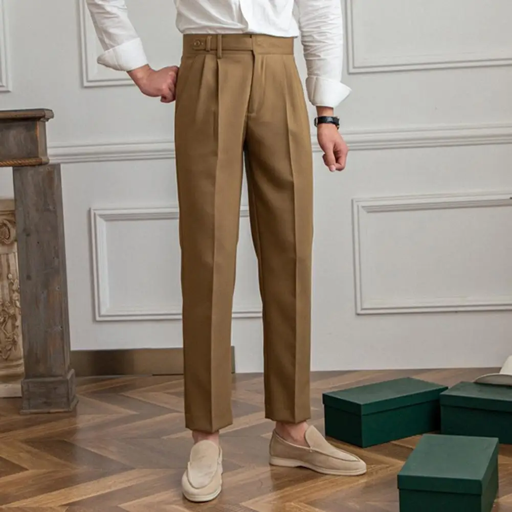 

Business Pants Formal Business Style Men's Suit Pants Wide Leg Mid-high Waist Deep Pockets Button-zipper Closure Office Wear