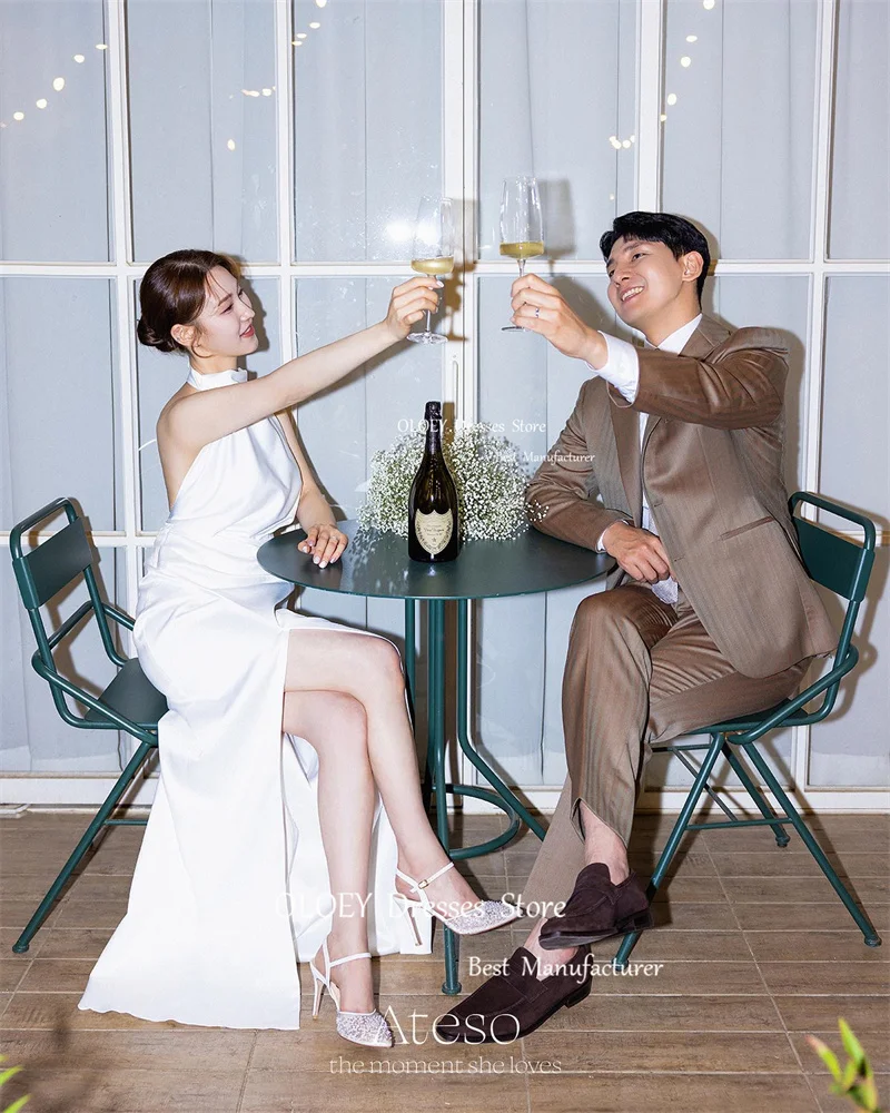 Oloey vestidos de casamento de cetim de seda, gola alta, feminino, formal, festa, praia, longo, divisão, branco, vestido de noite, vestidos de noiva personalizados