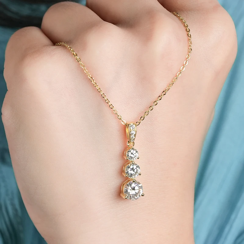 RAPRGOLD GRA Certified 3-Stone 6.5mm/5mm/4mm Moissanite Graduated Drop Pendant Necklace 925 Sterling Silver Fine Jewelry Women